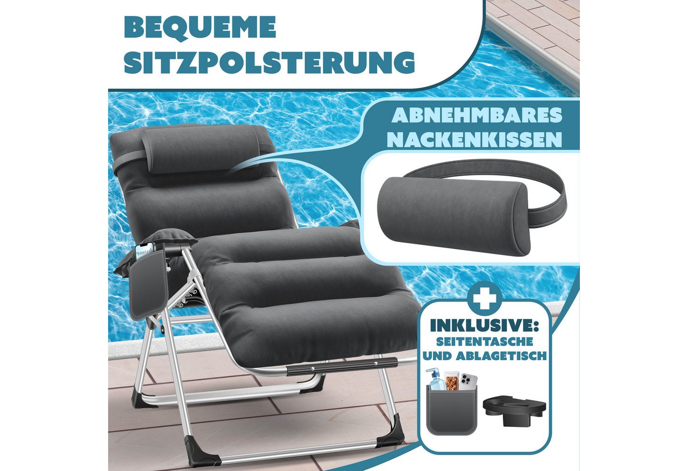 KESSER Gartenliege, Sonnenliege Liegestuhl Klappbar + Nackenkissen Gartenstuhl – Bild 2 von 5