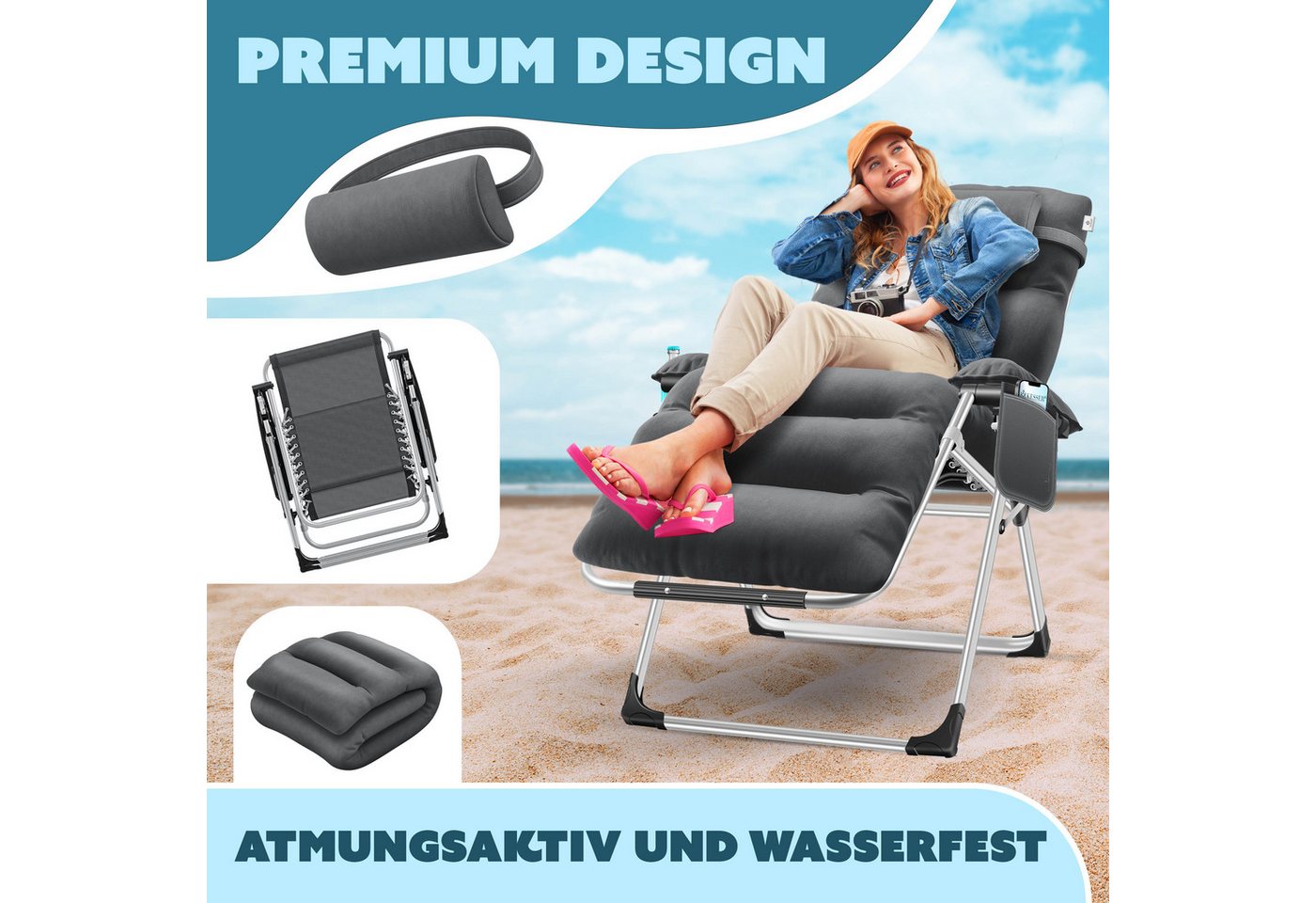 KESSER Gartenliege, Sonnenliege Liegestuhl Klappbar + Nackenkissen Gartenstuhl – Bild 3 von 5