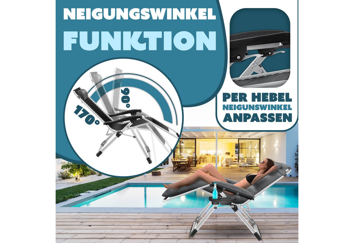 KESSER Gartenliege, Sonnenliege Liegestuhl Klappbar + Nackenkissen Gartenstuhl – Bild 5 von 5