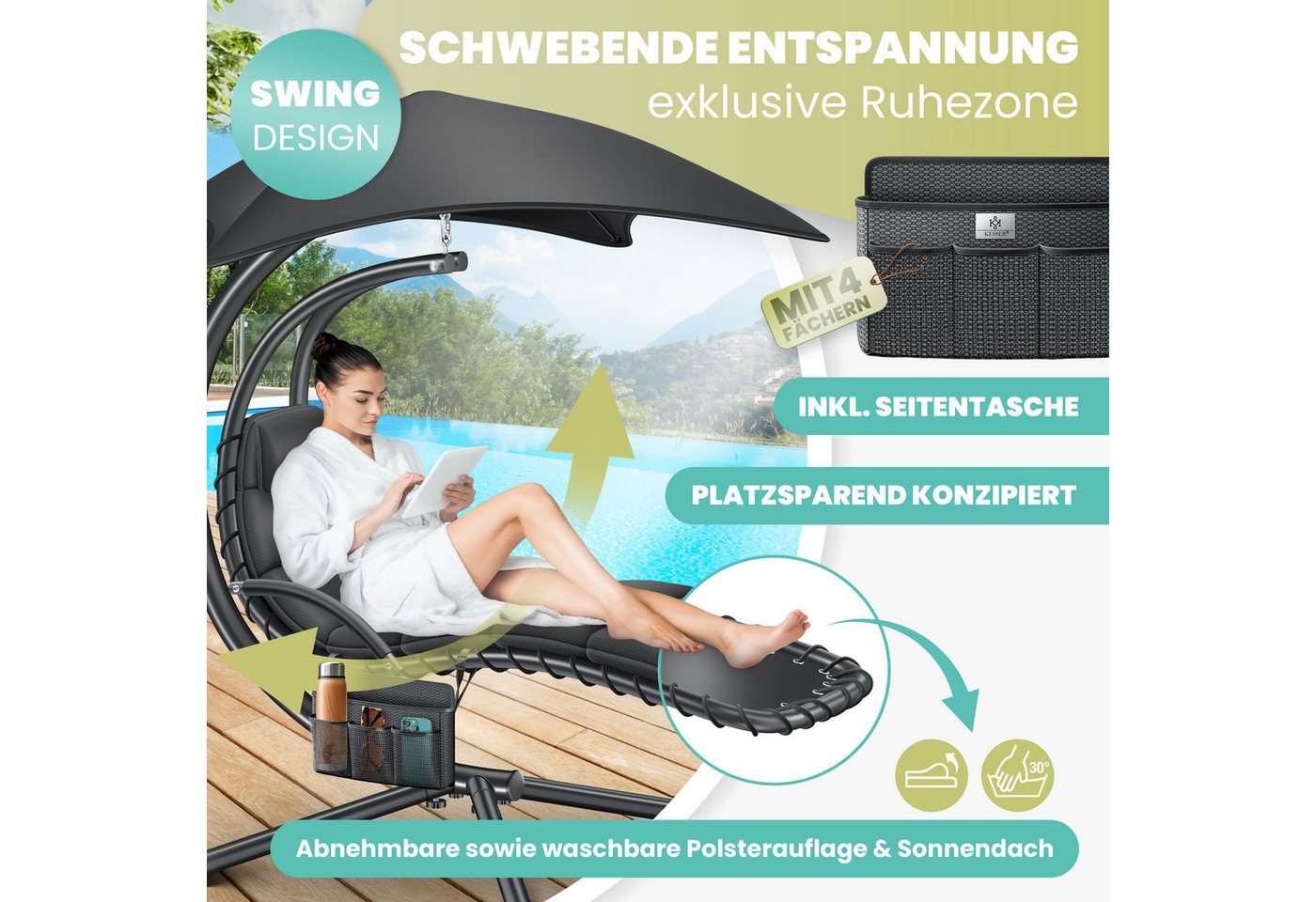 KESSER Gartenliege, Schwebeliege mit Sonnenschirm, Hängeliege Sonnenliege – Bild 2 von 5