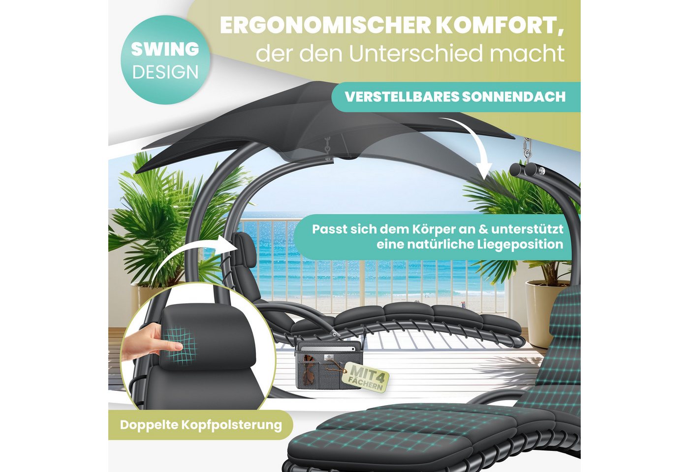 KESSER Gartenliege, Schwebeliege mit Sonnenschirm, Hängeliege Sonnenliege – Bild 3 von 5