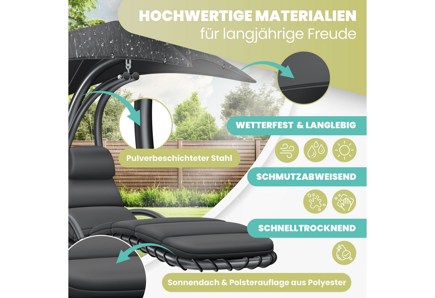KESSER Gartenliege, Schwebeliege mit Sonnenschirm, Hängeliege Sonnenliege – Bild 4 von 5