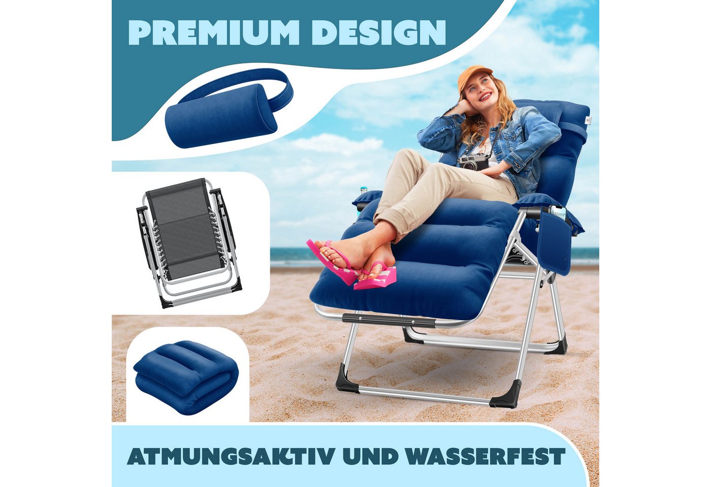 KESSER Gartenliege, Sonnenliege Liegestuhl Klappbar + Nackenkissen Gartenstuhl – Bild 3 von 5