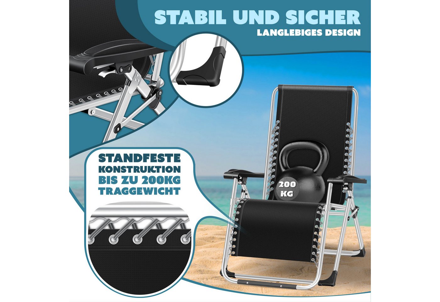 KESSER Gartenliege, Sonnenliege Liegestuhl Klappbar + Nackenkissen Gartenstuhl – Bild 4 von 5