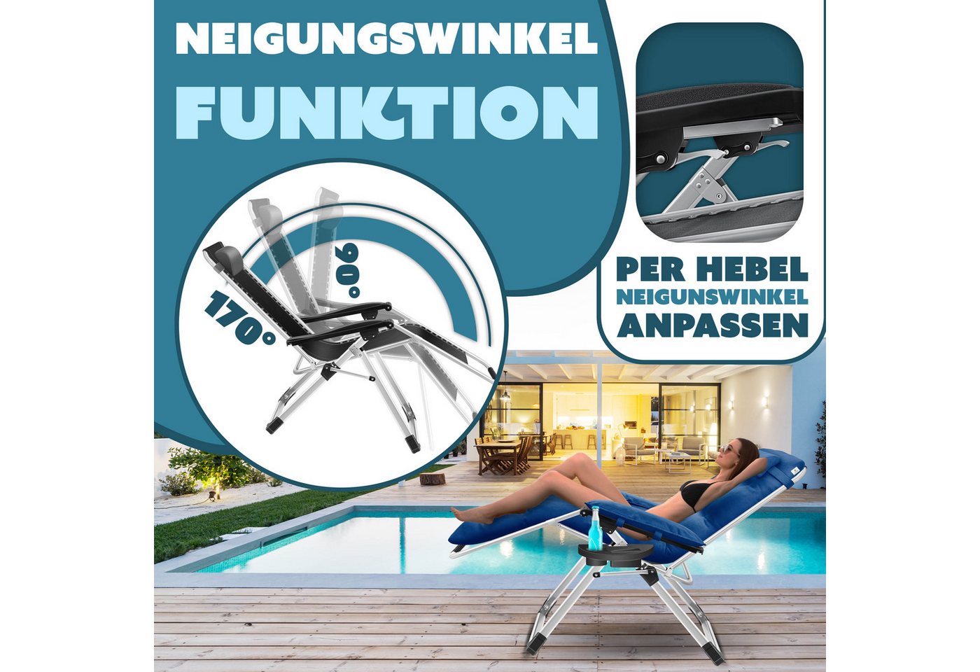 KESSER Gartenliege, Sonnenliege Liegestuhl Klappbar + Nackenkissen Gartenstuhl – Bild 5 von 5