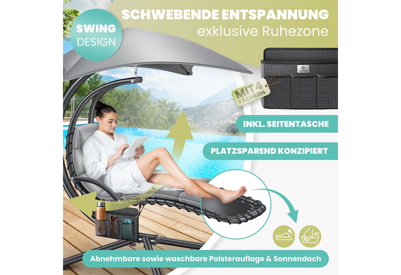 KESSER Gartenliege, Schwebeliege mit Sonnenschirm, Hängeliege Sonnenliege – Bild 2 von 5