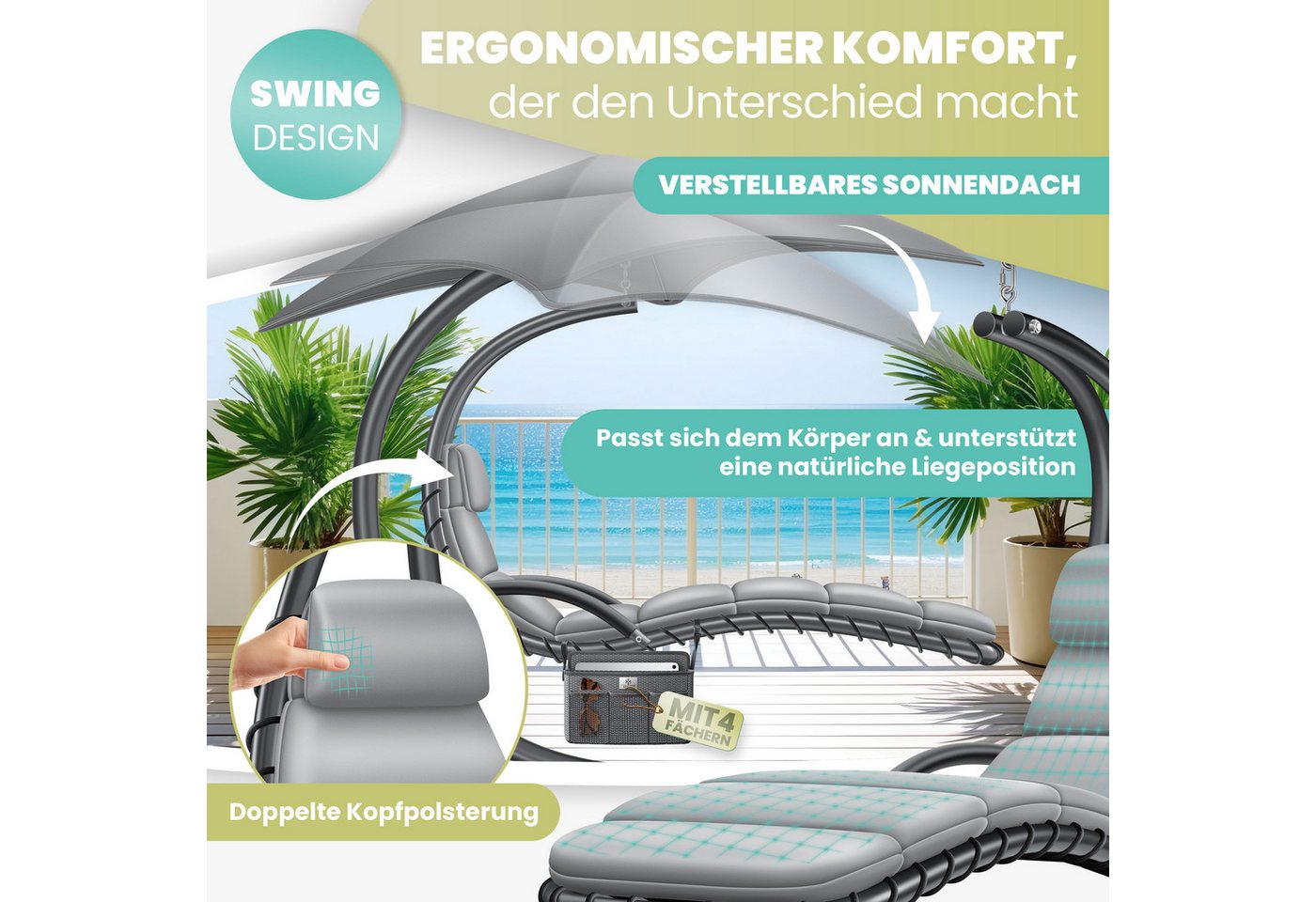 KESSER Gartenliege, Schwebeliege mit Sonnenschirm, Hängeliege Sonnenliege – Bild 3 von 5
