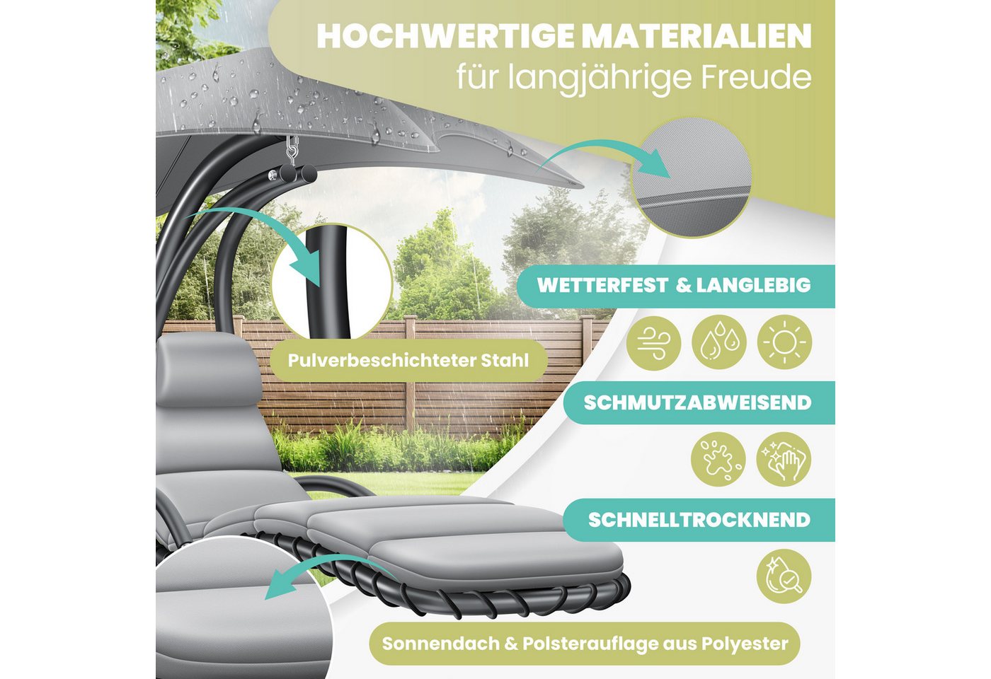 KESSER Gartenliege, Schwebeliege mit Sonnenschirm, Hängeliege Sonnenliege – Bild 4 von 5