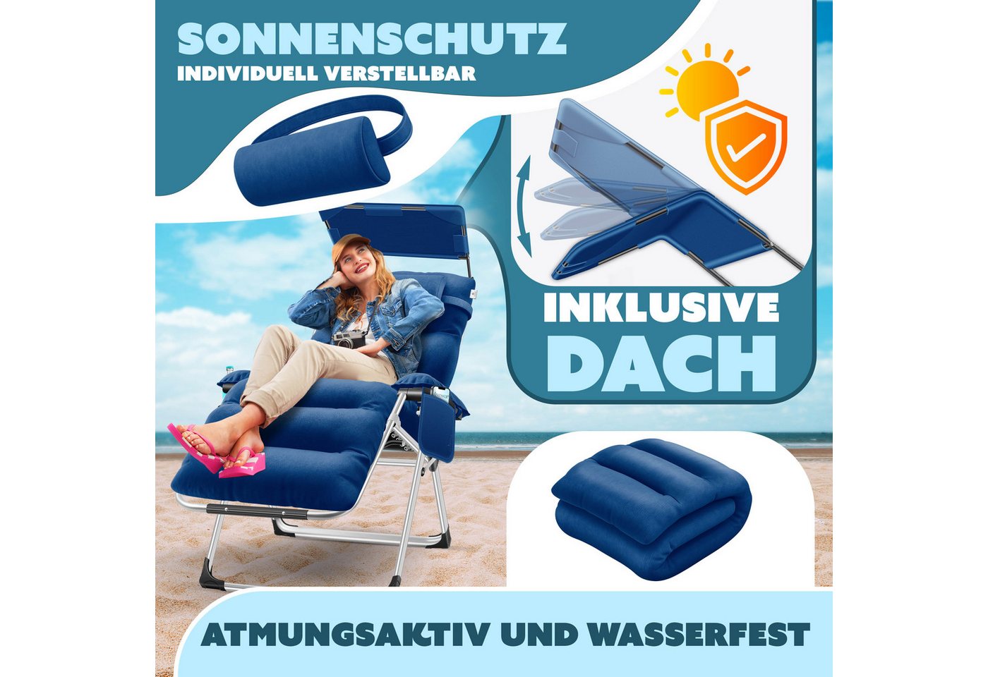KESSER Gartenliege, Sonnenliege Liegestuhl Klappbar + Nackenkissen Gartenstuhl – Bild 3 von 5