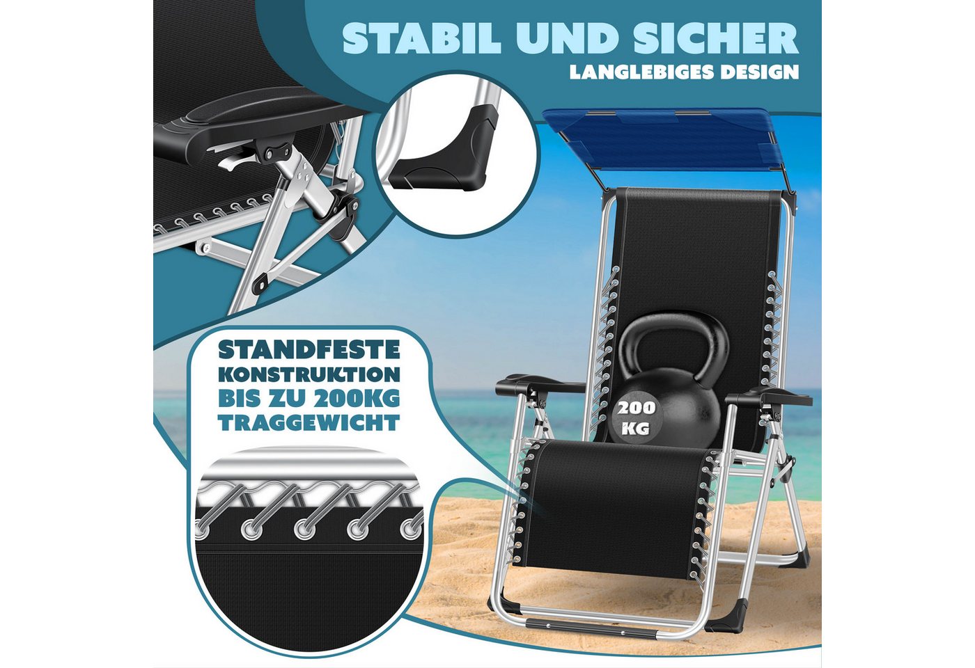KESSER Gartenliege, Sonnenliege Liegestuhl Klappbar + Nackenkissen Gartenstuhl – Bild 4 von 5
