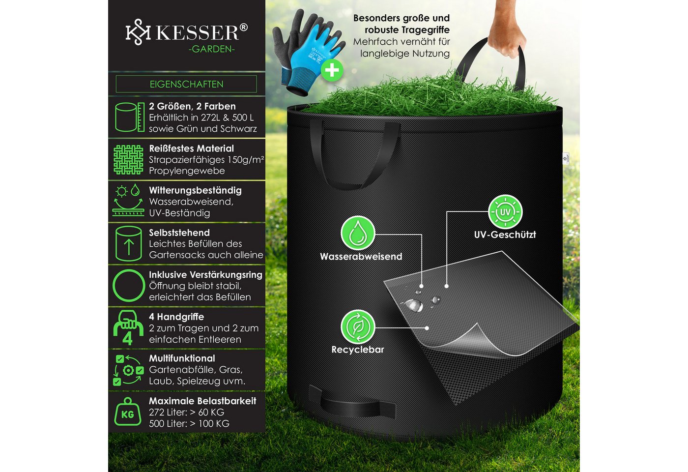 KESSER Gartensack, 272 l, (6-tlg), Gartensack Set Laubsack Gartenabfallsack inkl. Handschuhe – Bild 2 von 5