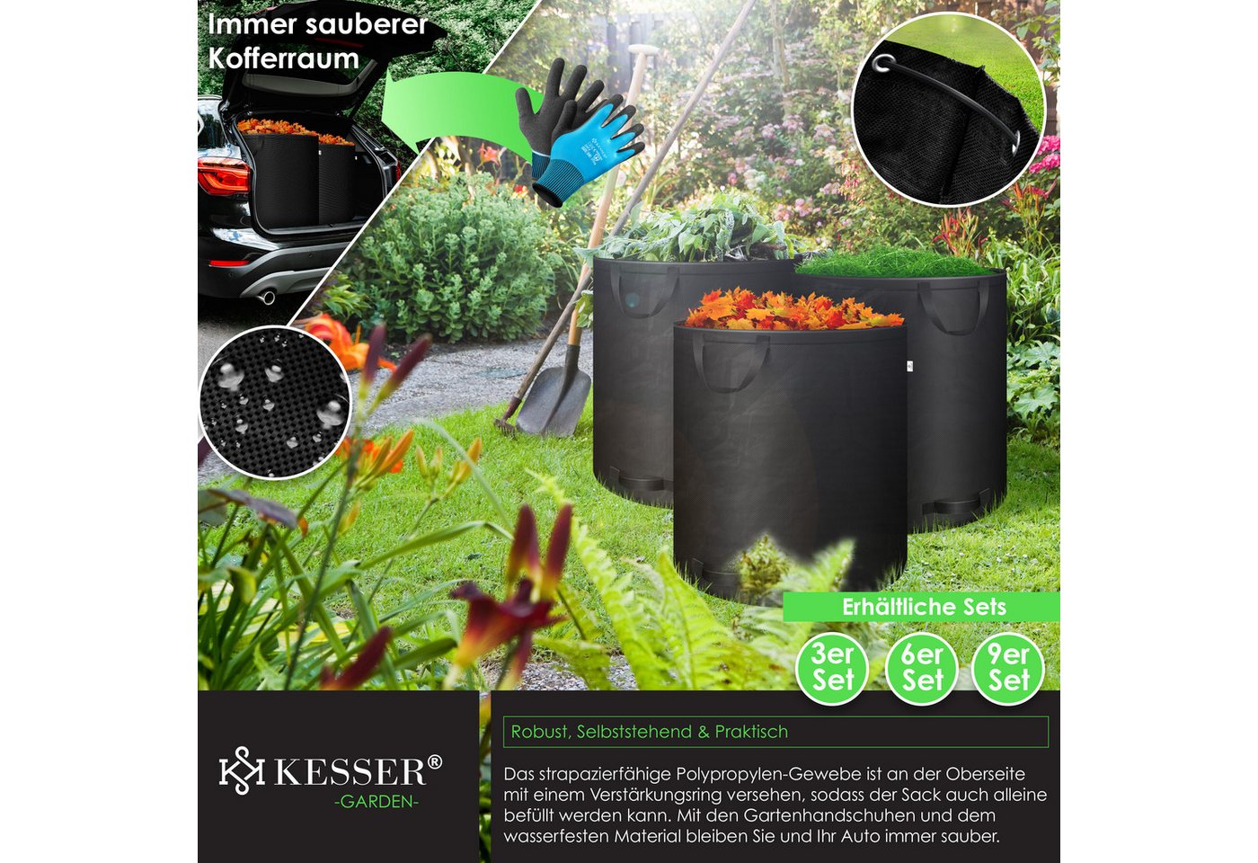 KESSER Gartensack, 272 l, (6-tlg), Gartensack Set Laubsack Gartenabfallsack inkl. Handschuhe – Bild 4 von 5