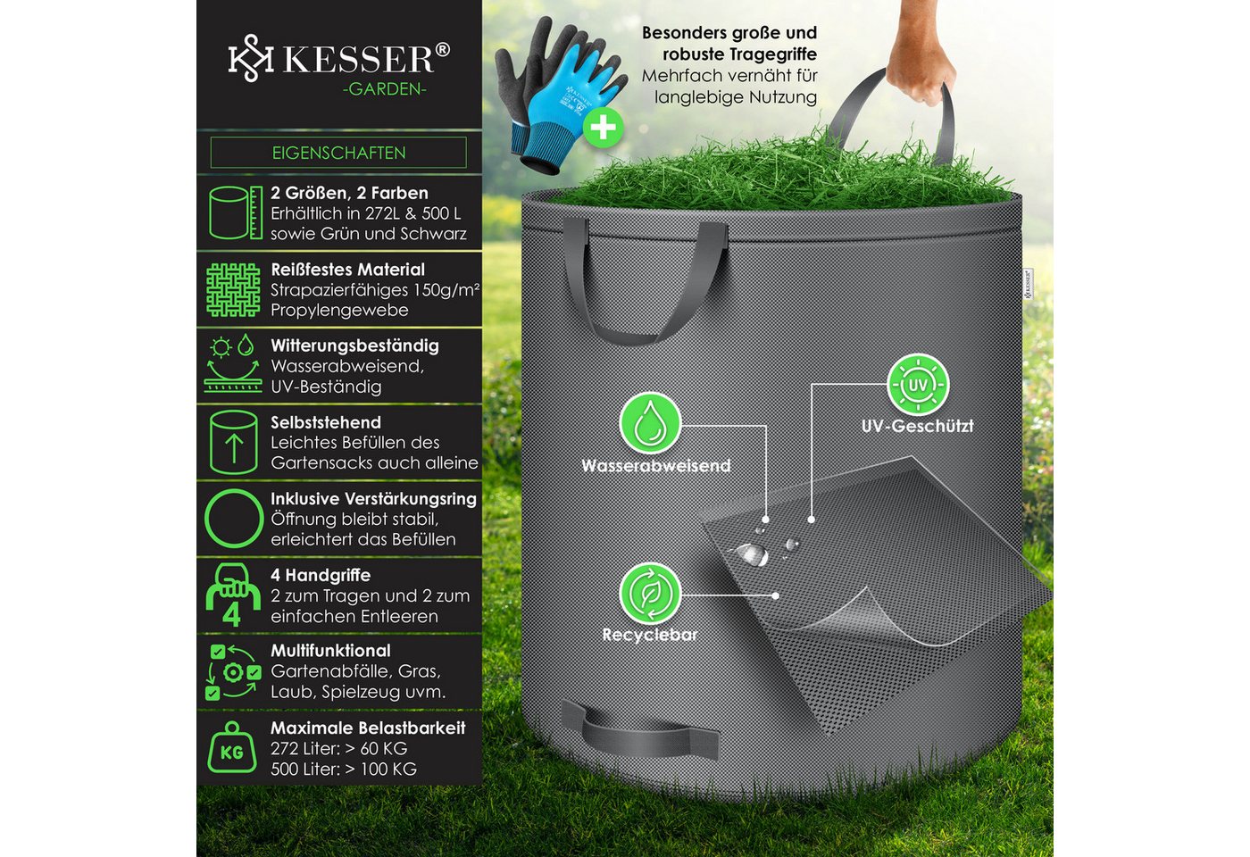 KESSER Gartensack, 500 l, (4-tlg), Gartensack Set Laubsack Gartenabfallsack inkl. Handschuhe – Bild 2 von 5