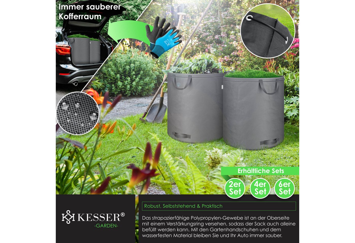 KESSER Gartensack, 500 l, (4-tlg), Gartensack Set Laubsack Gartenabfallsack inkl. Handschuhe – Bild 4 von 5