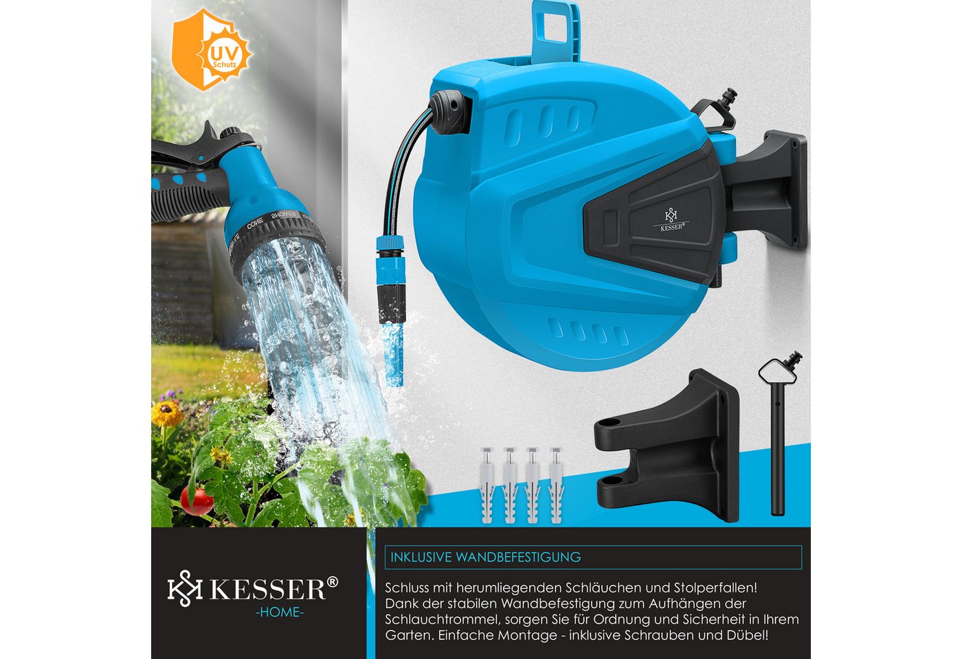 KESSER Gartenschlauch, Schlauchaufroller Automatik mit 2-Wege-Verteiler & Wandhalterung – Bild 2 von 5