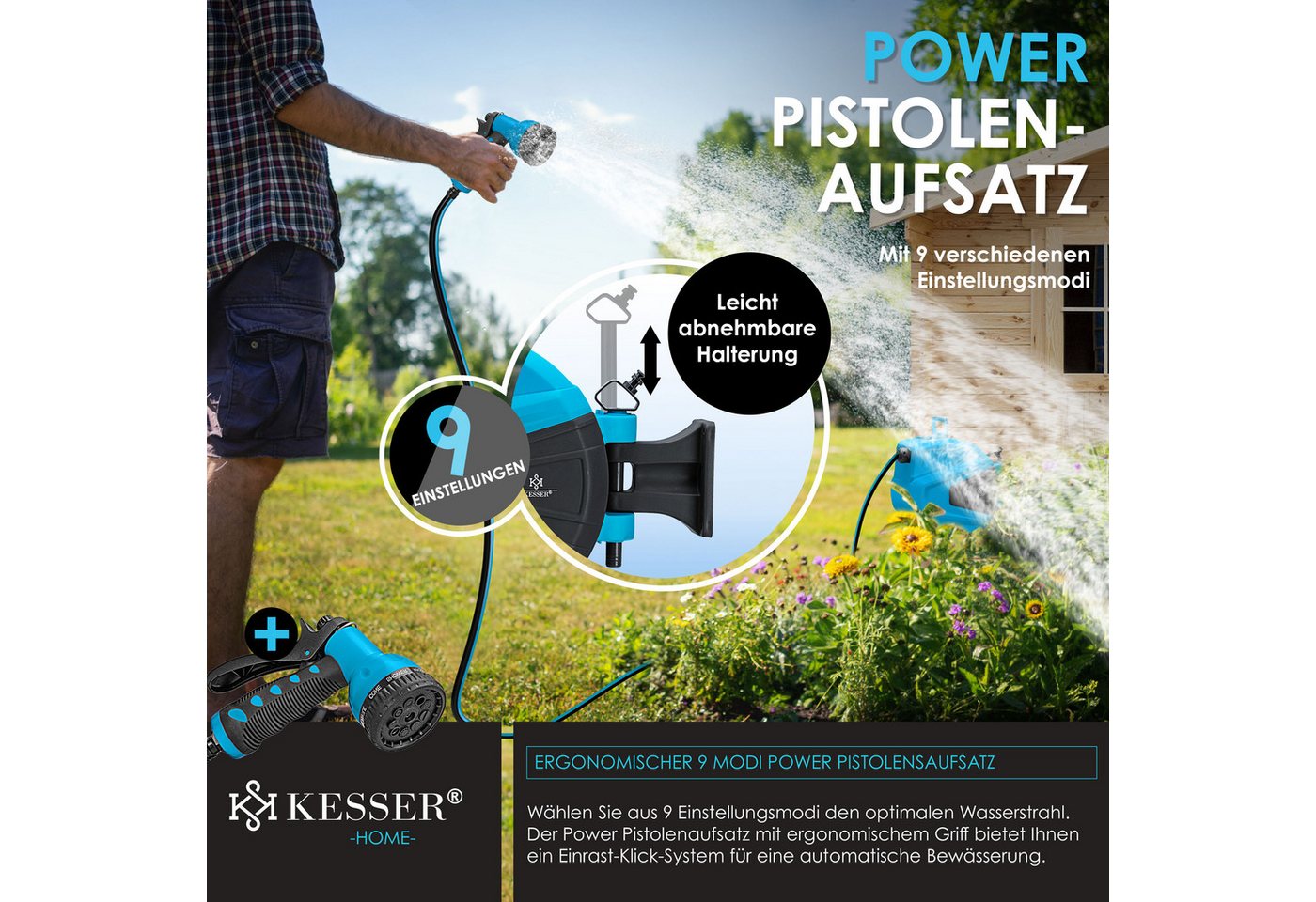 KESSER Gartenschlauch, Schlauchaufroller Automatik mit 2-Wege-Verteiler & Wandhalterung – Bild 5 von 5