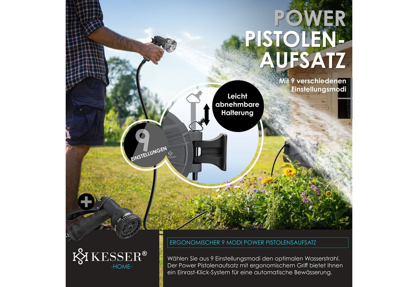 KESSER Gartenschlauch, Schlauchaufroller Automatik mit 2-Wege-Verteiler & Wandhalterung – Bild 5 von 5