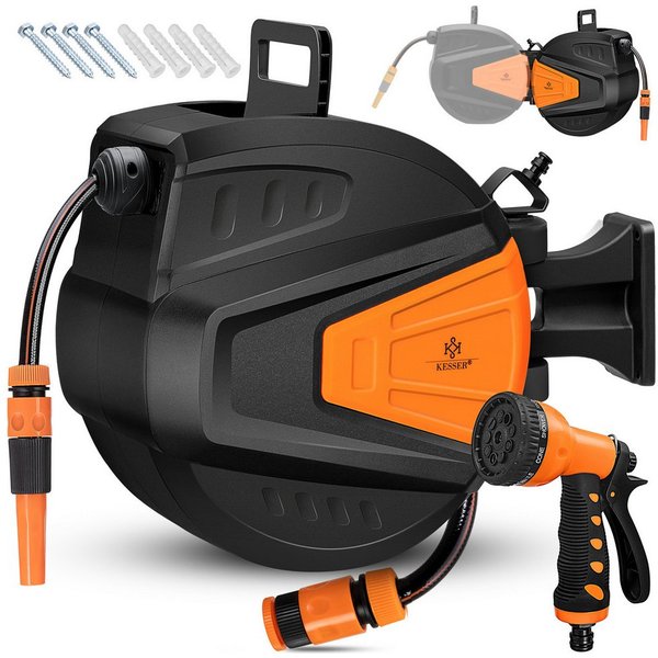 KESSER Gartenschlauch, Schlauchaufroller Automatik mit 2-Wege-Verteiler & Wandhalterung
