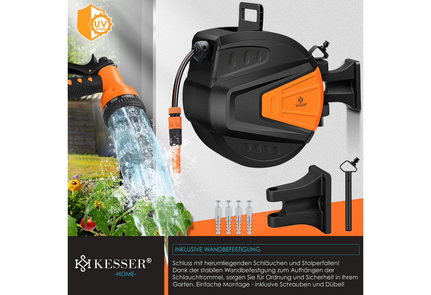 KESSER Gartenschlauch, Schlauchaufroller Automatik mit 2-Wege-Verteiler & Wandhalterung – Bild 2 von 5