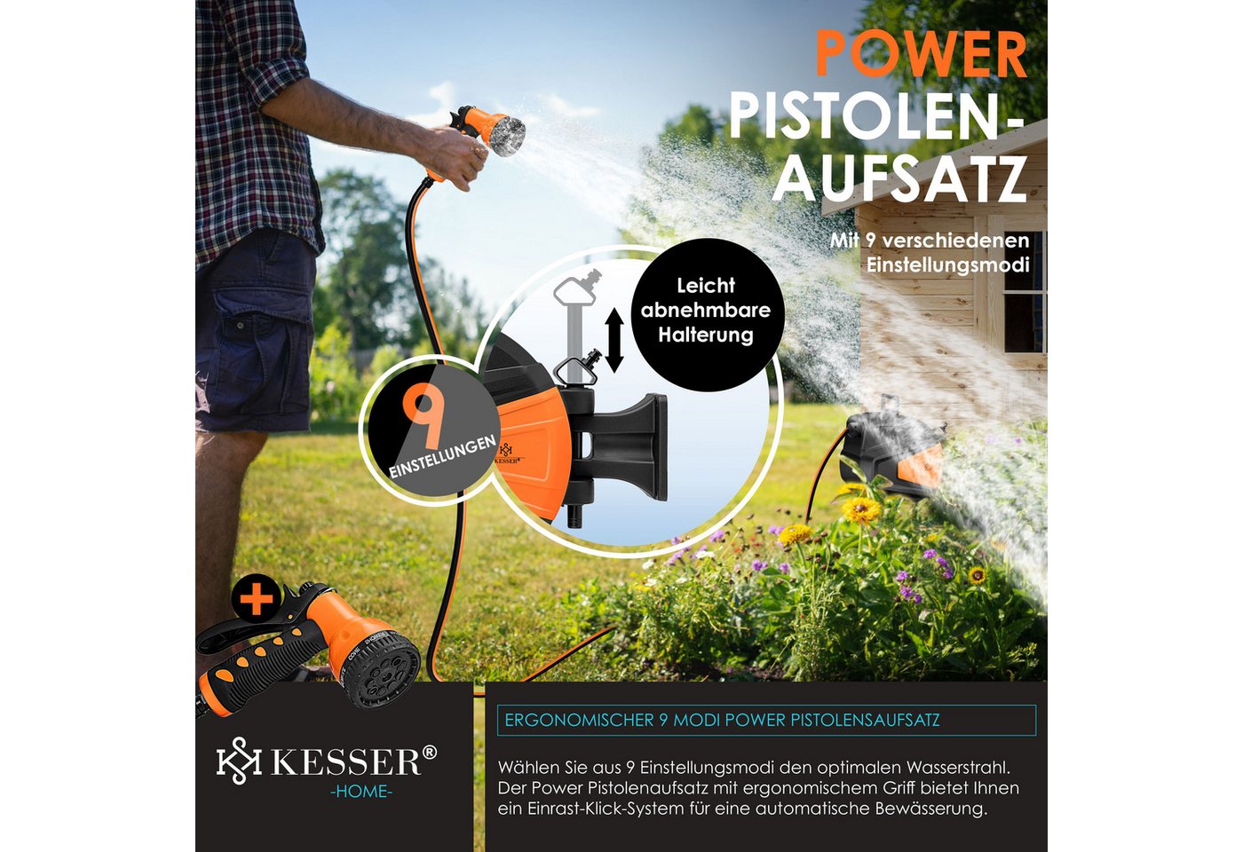 KESSER Gartenschlauch, Schlauchaufroller Automatik mit 2-Wege-Verteiler & Wandhalterung – Bild 5 von 5