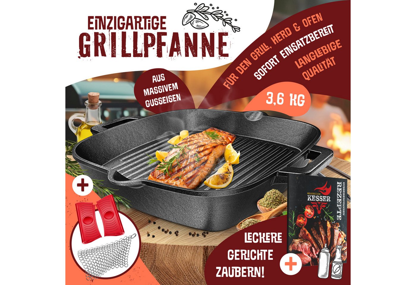 KESSER Grillpfanne, Edelstahl, Gusseisenpfanne voreingebrannt Bratpfanne Gusseisen Steak Pfanne – Bild 2 von 5