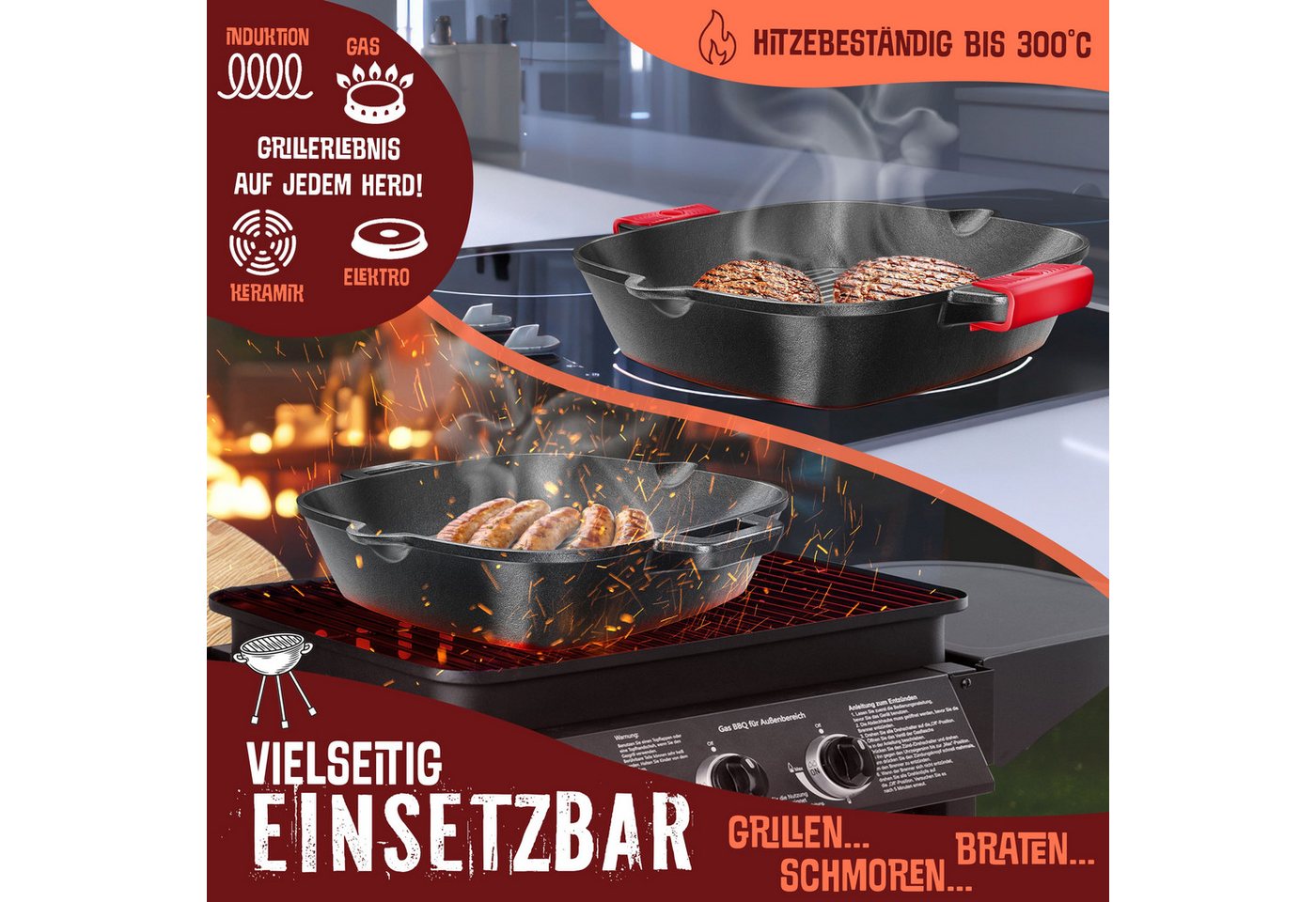 KESSER Grillpfanne, Edelstahl, Gusseisenpfanne voreingebrannt Bratpfanne Gusseisen Steak Pfanne – Bild 3 von 5