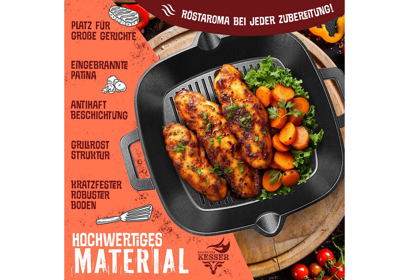 KESSER Grillpfanne, Edelstahl, Gusseisenpfanne voreingebrannt Bratpfanne Gusseisen Steak Pfanne – Bild 4 von 5