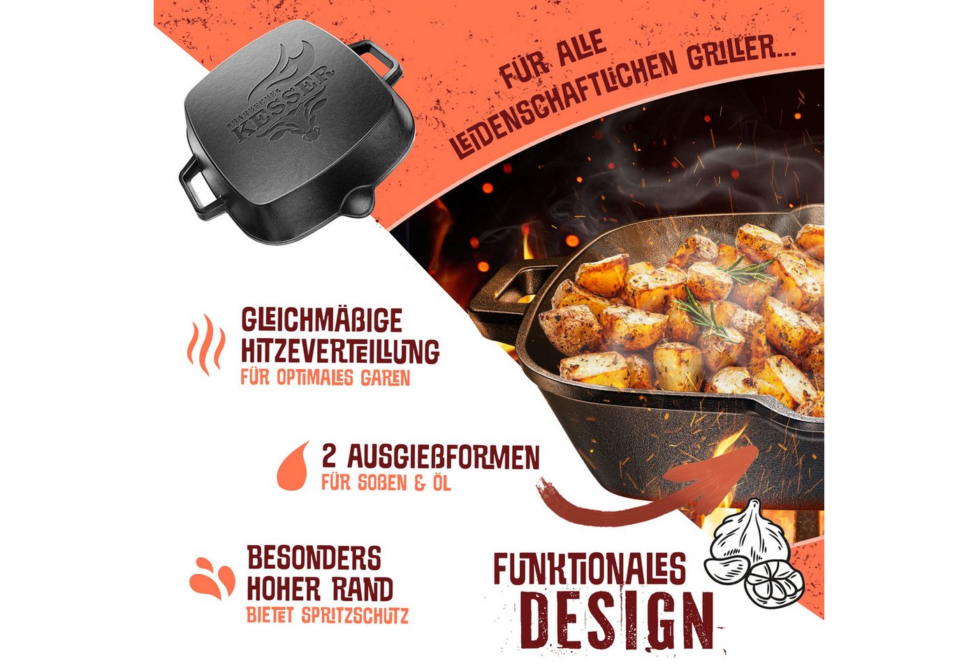 KESSER Grillpfanne, Edelstahl, Gusseisenpfanne voreingebrannt Bratpfanne Gusseisen Steak Pfanne – Bild 5 von 5