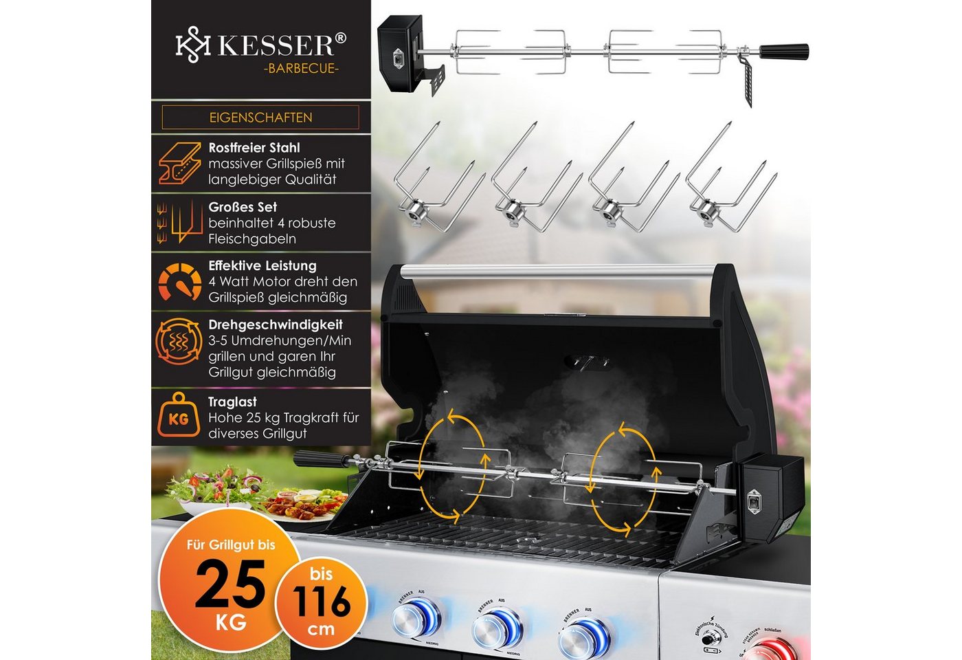 KESSER Grillspieß Set 116cm – Motor, 4 Fleischgabeln, bis 25kg Tragkraft, Für Gas-, Kohle- & Smokergrills, hitzefester Griff, ruckelfrei – Bild 2 von 5