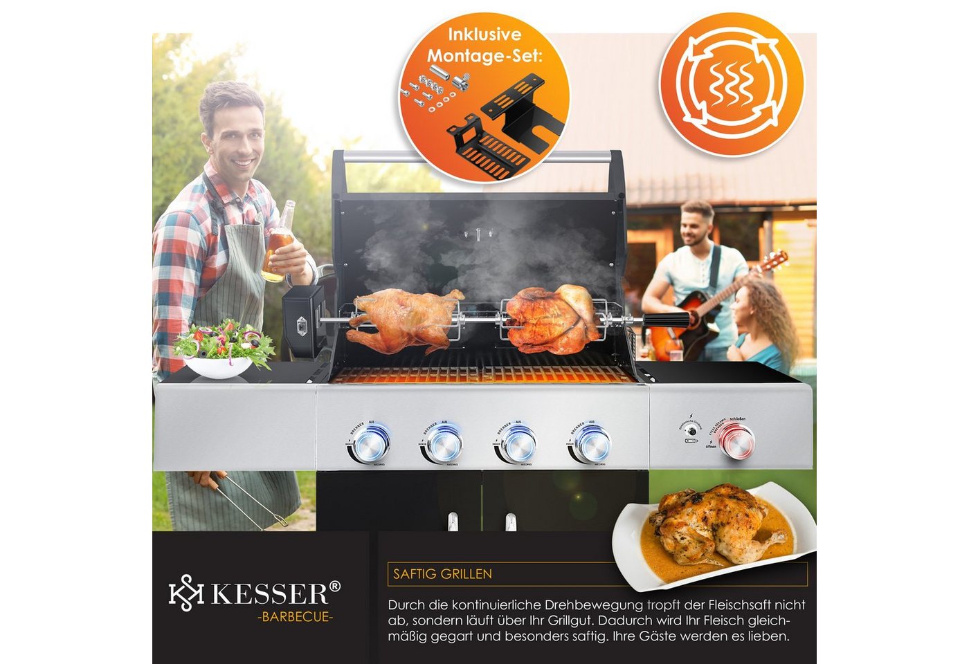 KESSER Grillspieß Set 116cm – Motor, 4 Fleischgabeln, bis 25kg Tragkraft, Für Gas-, Kohle- & Smokergrills, hitzefester Griff, ruckelfrei – Bild 3 von 5