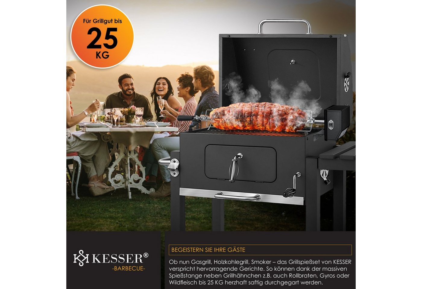 KESSER Grillspieß Set 116cm – Motor, 4 Fleischgabeln, bis 25kg Tragkraft, Für Gas-, Kohle- & Smokergrills, hitzefester Griff, ruckelfrei – Bild 4 von 5
