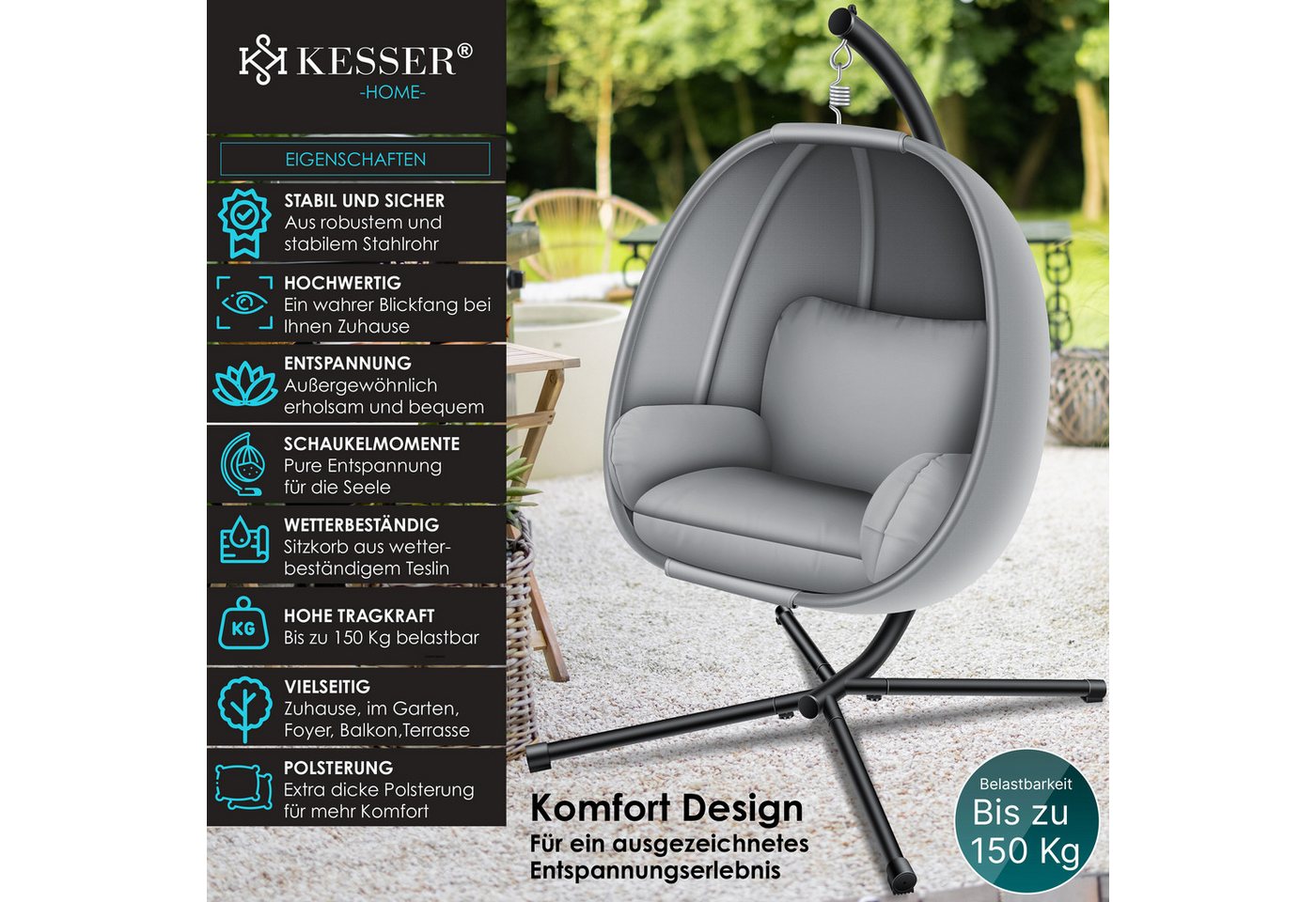 KESSER Hängesessel, Luxe Hängesessel mit Gestell weicher Sitzkissen – Bild 2 von 5