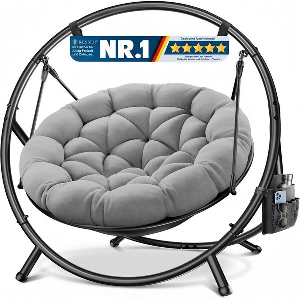 KESSER Hängesessel Bali Hängesessel mit Gestell Hängeschaukel Hängestuhl bis 150kg (mit Wipp Funktion, Kissen & Seitentasche), Hängekorb Stahlgestell Schaumstof