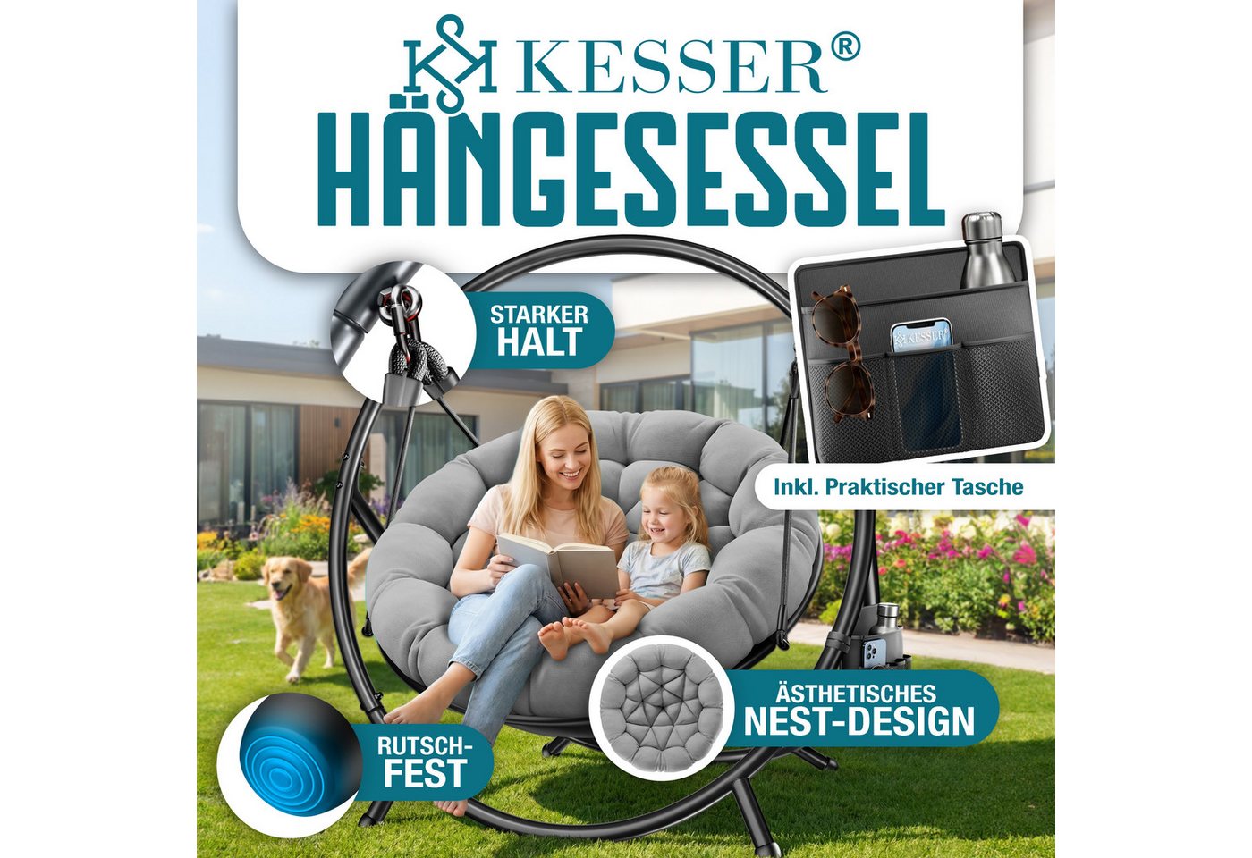 KESSER Hängesessel Bali Hängesessel mit Gestell Hängeschaukel Hängestuhl bis 150kg (mit Wipp Funktion, Kissen & Seitentasche), Hängekorb Stahlgestell Schaumstof – Bild 2 von 5