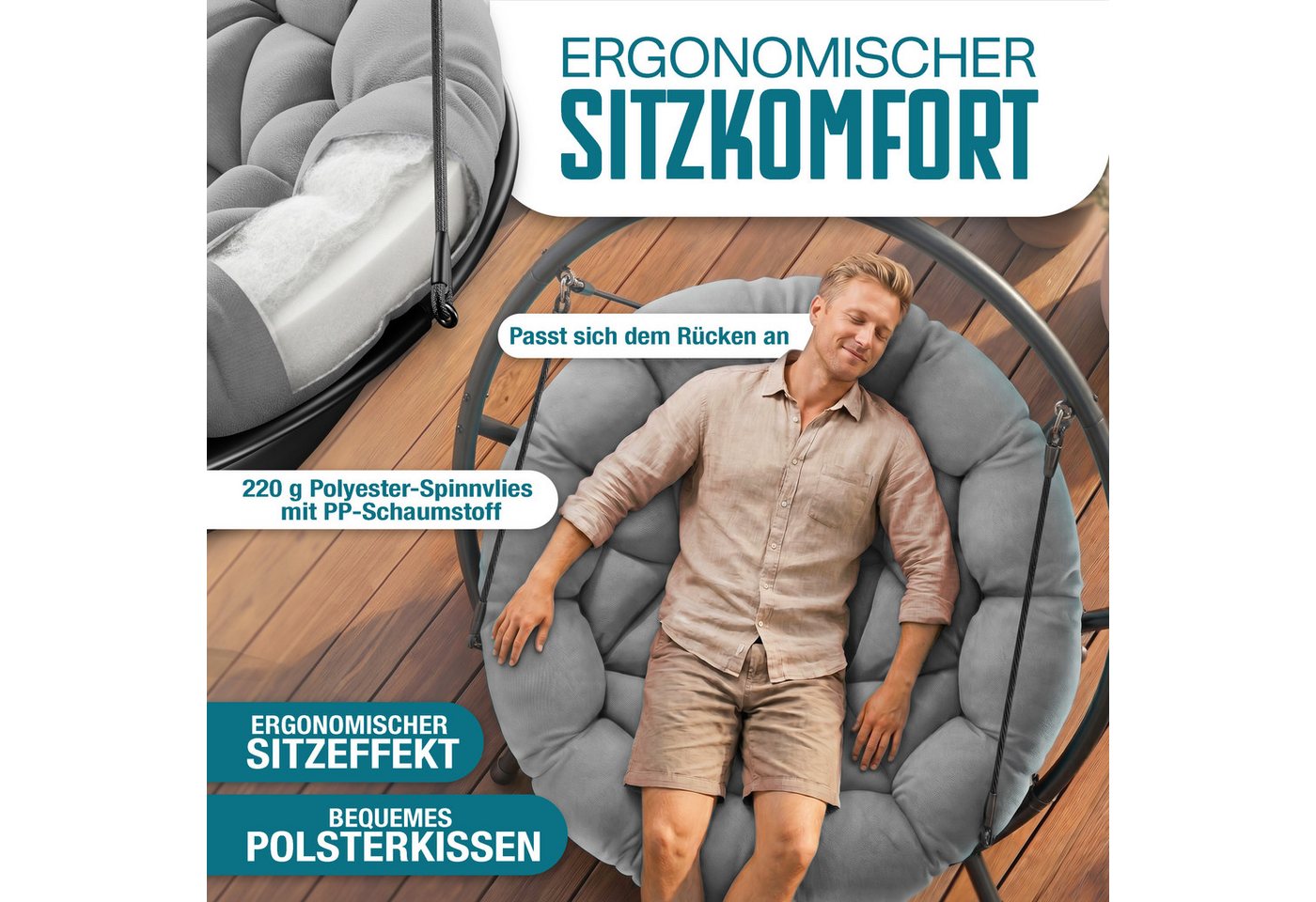 KESSER Hängesessel Bali Hängesessel mit Gestell Hängeschaukel Hängestuhl bis 150kg (mit Wipp Funktion, Kissen & Seitentasche), Hängekorb Stahlgestell Schaumstof – Bild 3 von 5
