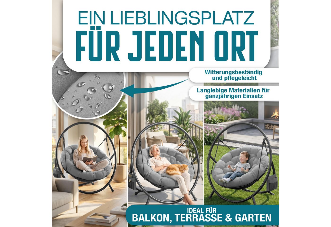 KESSER Hängesessel Bali Hängesessel mit Gestell Hängeschaukel Hängestuhl bis 150kg (mit Wipp Funktion, Kissen & Seitentasche), Hängekorb Stahlgestell Schaumstof – Bild 4 von 5