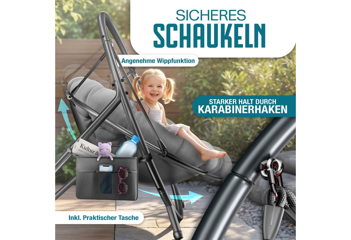 KESSER Hängesessel Bali Hängesessel mit Gestell Hängeschaukel Hängestuhl bis 150kg (mit Wipp Funktion, Kissen & Seitentasche), Hängekorb Stahlgestell Schaumstof – Bild 5 von 5