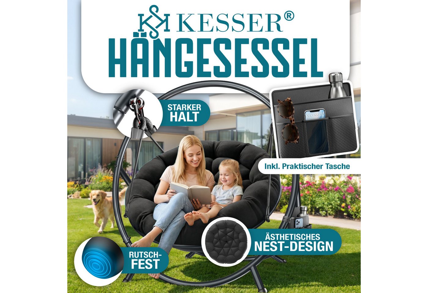 KESSER Hängesessel Bali Hängesessel mit Gestell Hängeschaukel Hängestuhl bis 150kg (mit Wipp Funktion, Kissen & Seitentasche), Hängekorb Stahlgestell Schaumstof – Bild 2 von 5