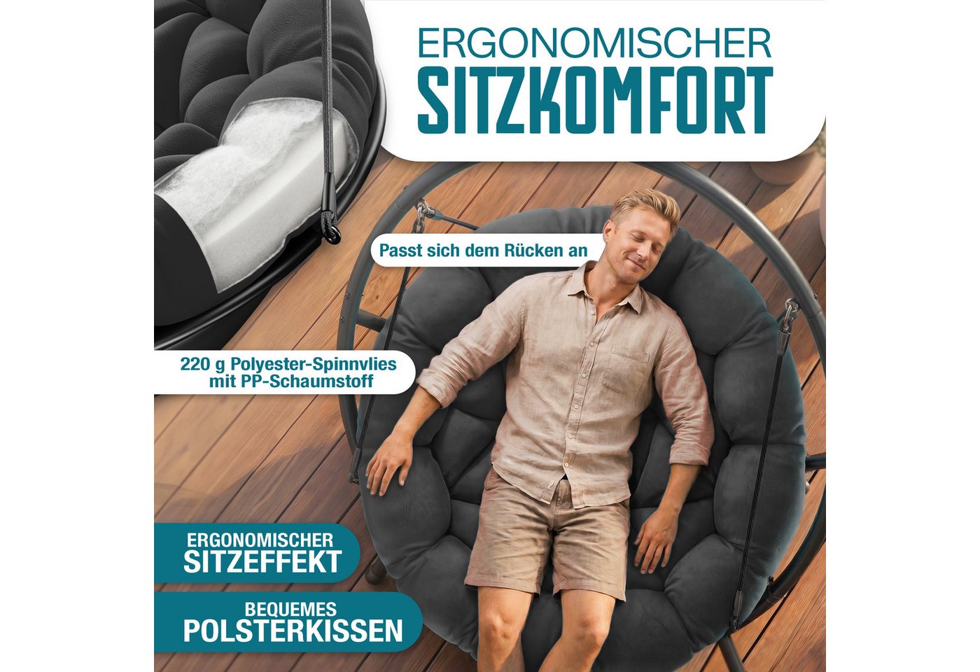 KESSER Hängesessel Bali Hängesessel mit Gestell Hängeschaukel Hängestuhl bis 150kg (mit Wipp Funktion, Kissen & Seitentasche), Hängekorb Stahlgestell Schaumstof – Bild 3 von 5