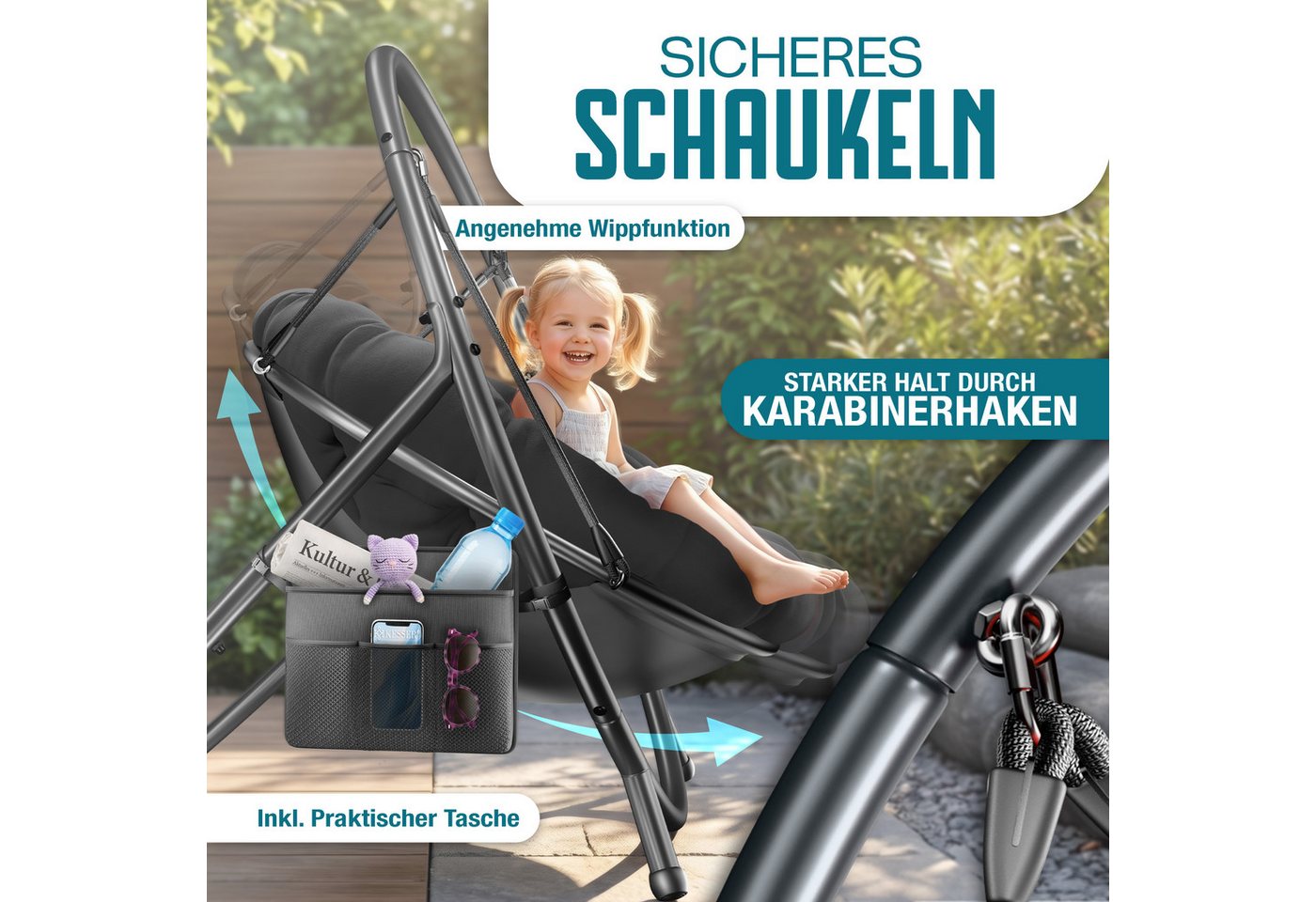 KESSER Hängesessel Bali Hängesessel mit Gestell Hängeschaukel Hängestuhl bis 150kg (mit Wipp Funktion, Kissen & Seitentasche), Hängekorb Stahlgestell Schaumstof – Bild 5 von 5