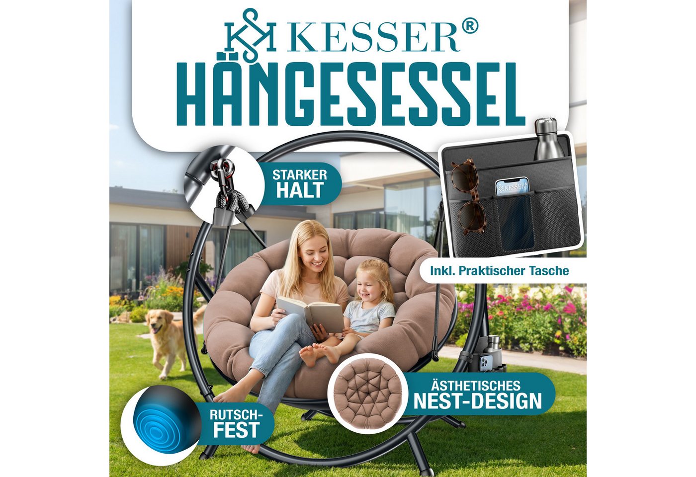 KESSER Hängesessel Bali Hängesessel mit Gestell Hängeschaukel Hängestuhl bis 150kg (mit Wipp Funktion, Kissen & Seitentasche), Hängekorb Stahlgestell Schaumstof – Bild 2 von 5