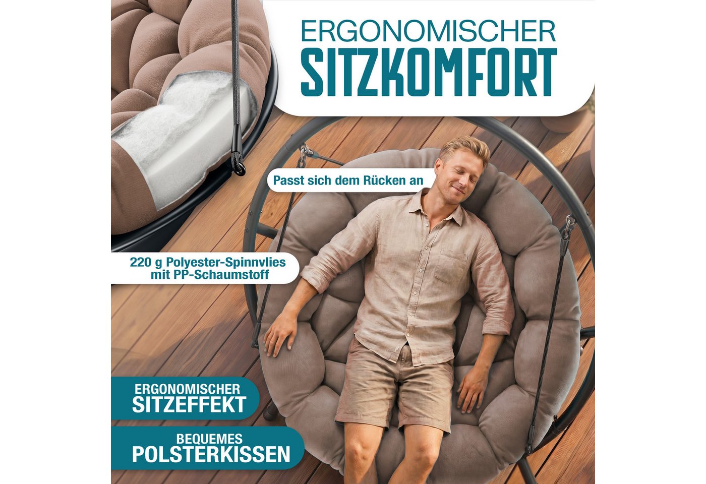 KESSER Hängesessel Bali Hängesessel mit Gestell Hängeschaukel Hängestuhl bis 150kg (mit Wipp Funktion, Kissen & Seitentasche), Hängekorb Stahlgestell Schaumstof – Bild 3 von 5