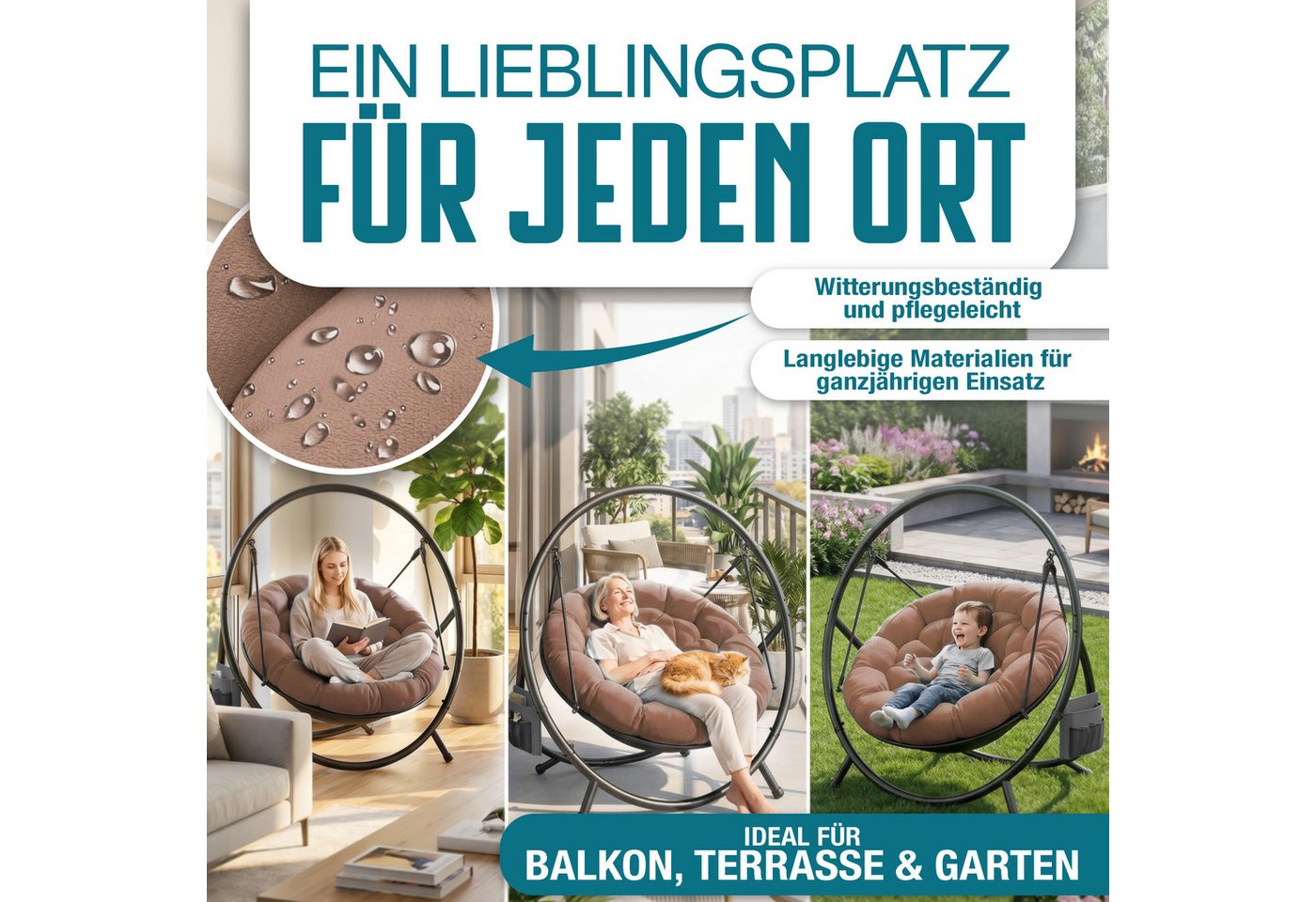 KESSER Hängesessel Bali Hängesessel mit Gestell Hängeschaukel Hängestuhl bis 150kg (mit Wipp Funktion, Kissen & Seitentasche), Hängekorb Stahlgestell Schaumstof – Bild 4 von 5