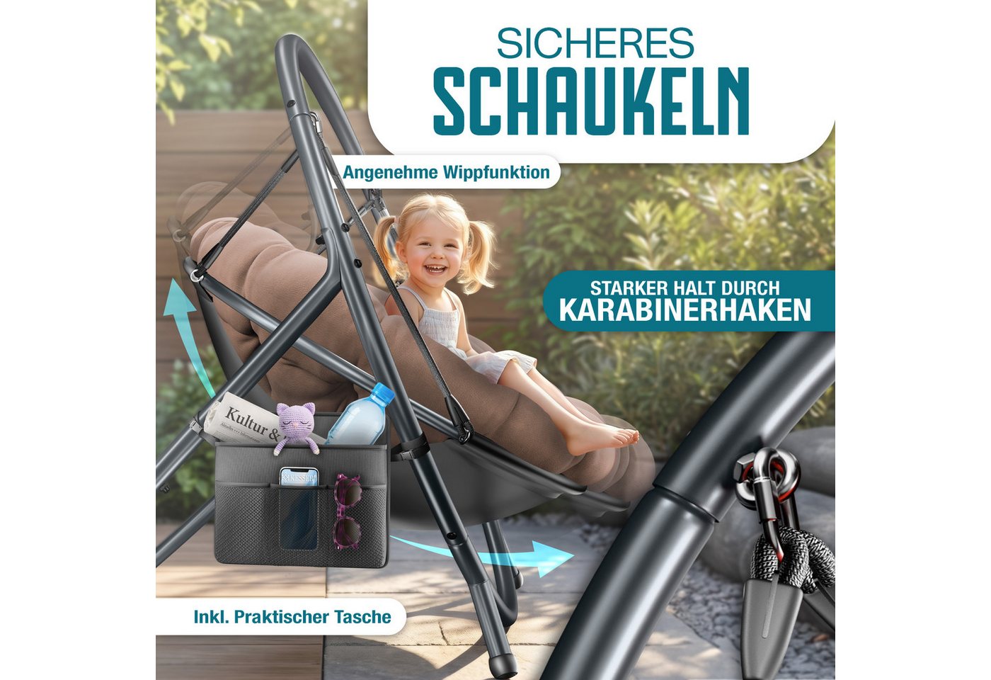 KESSER Hängesessel Bali Hängesessel mit Gestell Hängeschaukel Hängestuhl bis 150kg (mit Wipp Funktion, Kissen & Seitentasche), Hängekorb Stahlgestell Schaumstof – Bild 5 von 5