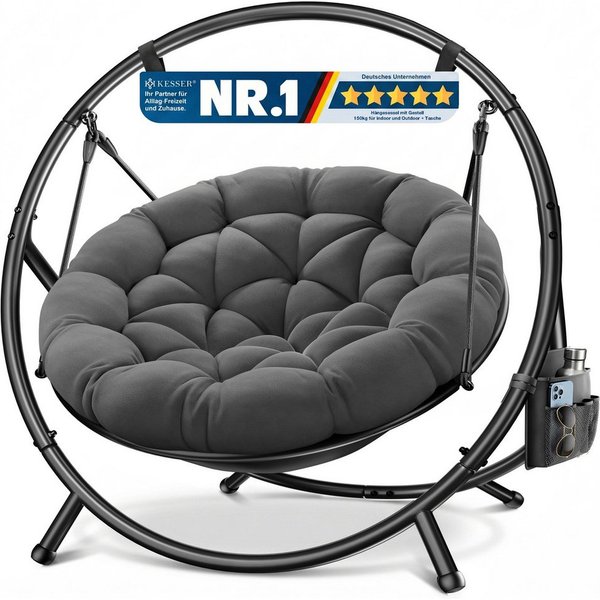 KESSER Hängesessel Bali Hängesessel mit Gestell Hängeschaukel Hängestuhl bis 150kg (mit Wipp Funktion, Kissen & Seitentasche), Hängekorb Stahlgestell Schaumstof