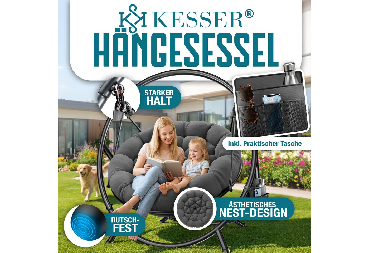 KESSER Hängesessel Bali Hängesessel mit Gestell Hängeschaukel Hängestuhl bis 150kg (mit Wipp Funktion, Kissen & Seitentasche), Hängekorb Stahlgestell Schaumstof – Bild 2 von 5