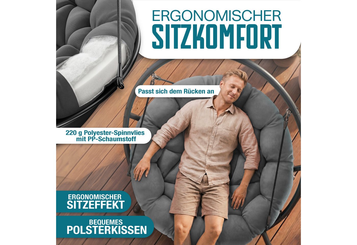 KESSER Hängesessel Bali Hängesessel mit Gestell Hängeschaukel Hängestuhl bis 150kg (mit Wipp Funktion, Kissen & Seitentasche), Hängekorb Stahlgestell Schaumstof – Bild 3 von 5