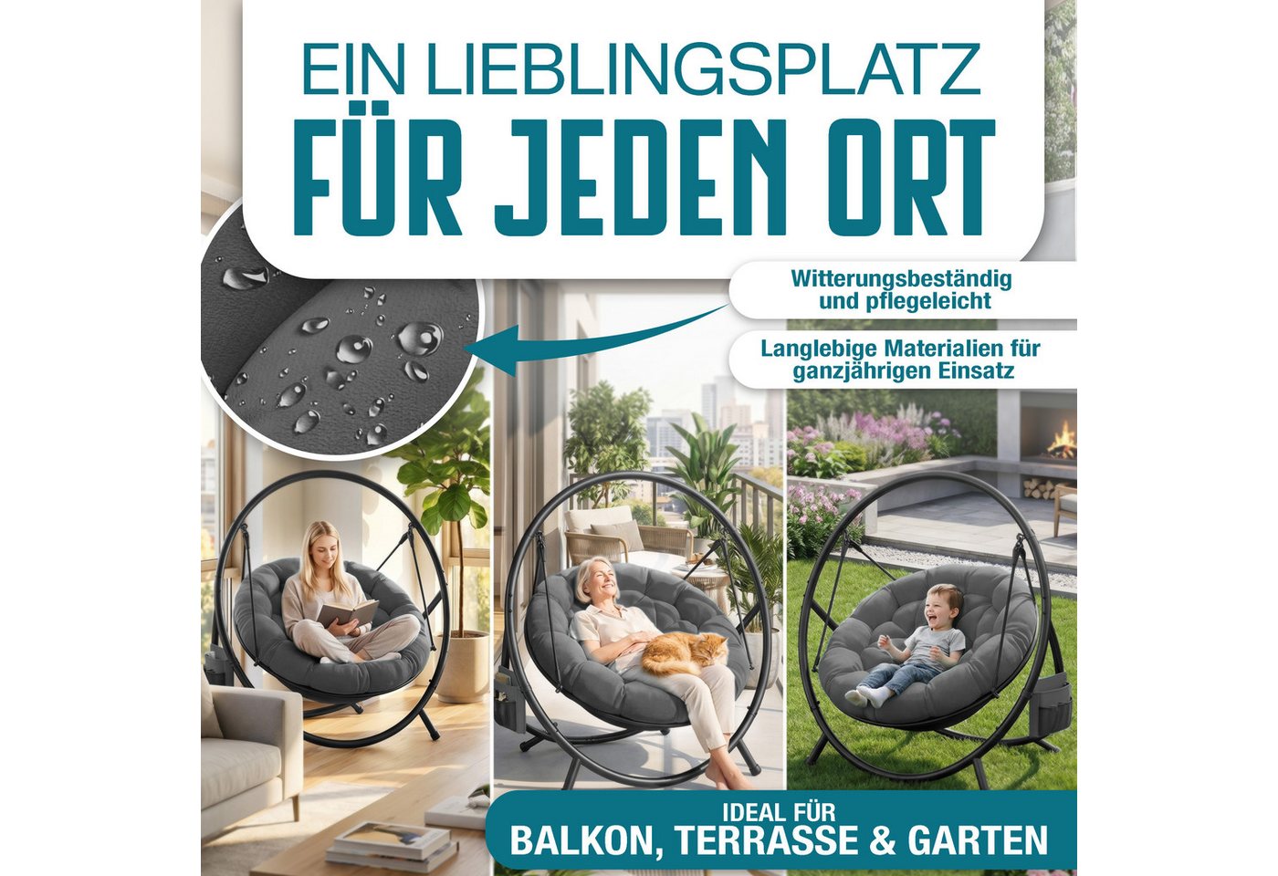 KESSER Hängesessel Bali Hängesessel mit Gestell Hängeschaukel Hängestuhl bis 150kg (mit Wipp Funktion, Kissen & Seitentasche), Hängekorb Stahlgestell Schaumstof – Bild 4 von 5