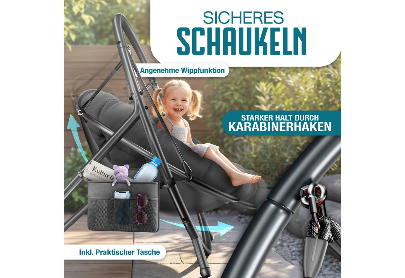 KESSER Hängesessel Bali Hängesessel mit Gestell Hängeschaukel Hängestuhl bis 150kg (mit Wipp Funktion, Kissen & Seitentasche), Hängekorb Stahlgestell Schaumstof – Bild 5 von 5