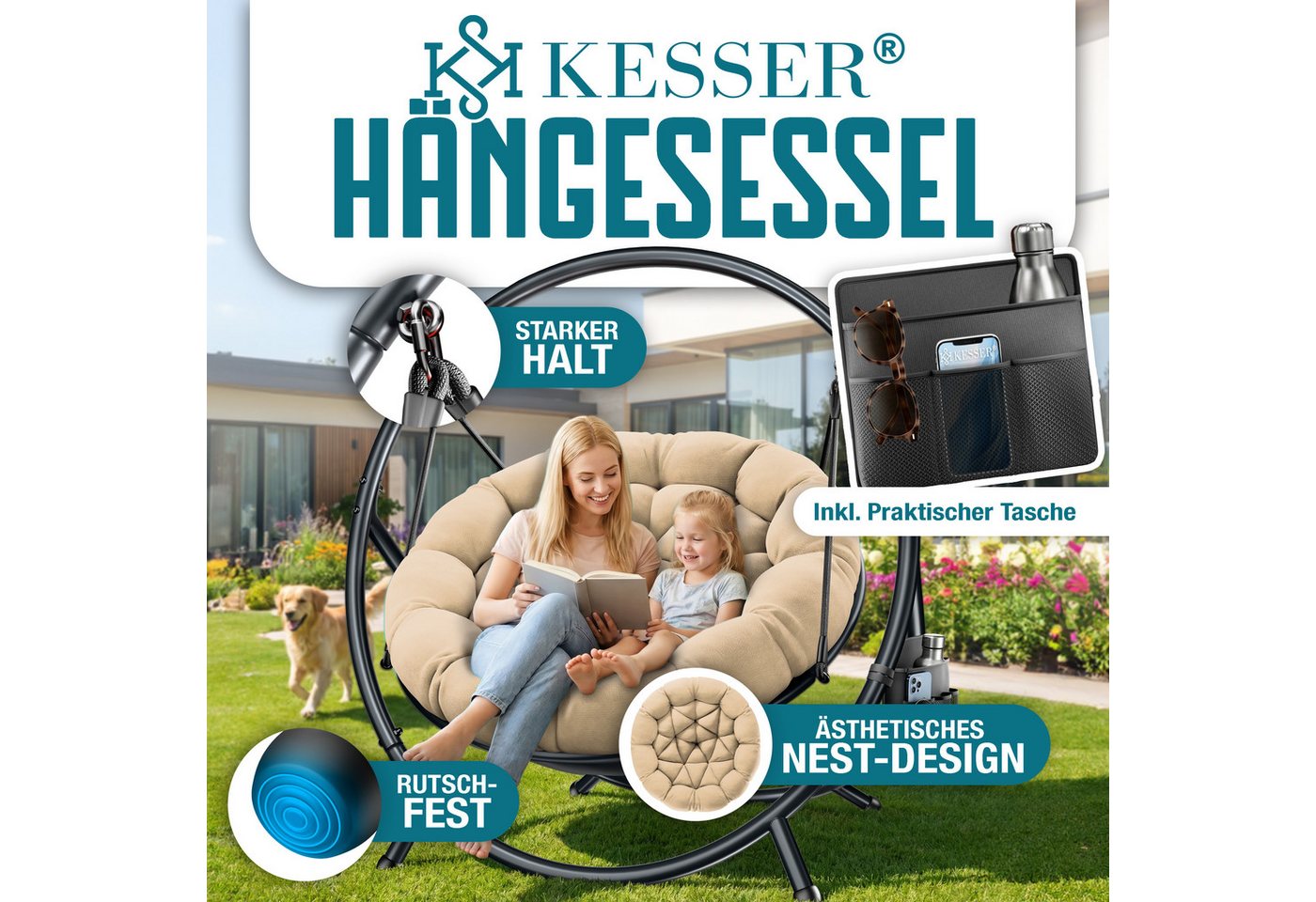 KESSER Hängesessel Bali Hängesessel mit Gestell Hängeschaukel Hängestuhl bis 150kg (mit Wipp Funktion, Kissen & Seitentasche), Hängekorb Stahlgestell Schaumstof – Bild 2 von 5